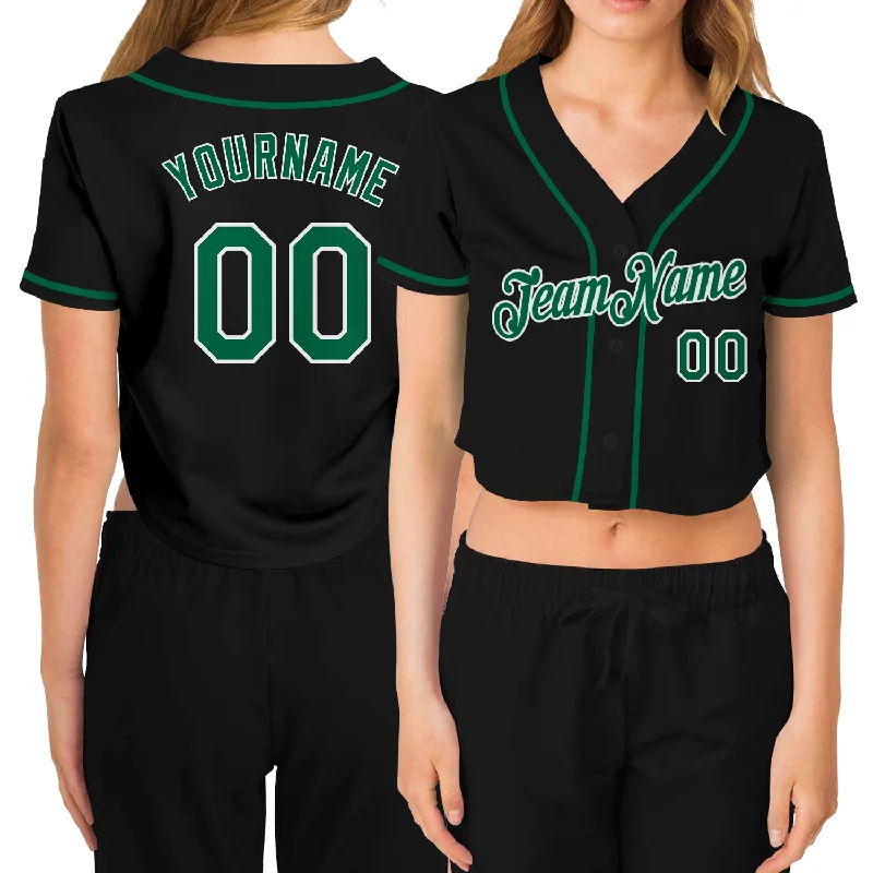 Team Spirit Baseball Jersey for Fans and Players-Custom Women's Black Kelly Green-White V-Neck Cropped Baseball Jersey