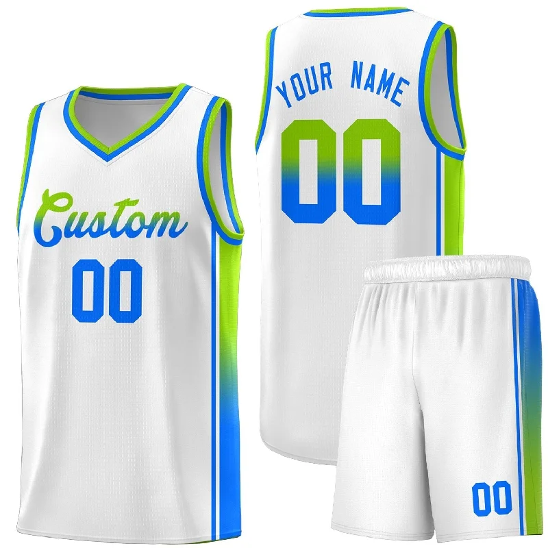 Custom Basketball Jersey with Embroidered Logo-Custom White Neon Green-Light Blue Gradient Fashion Sports Uniform Basketball Jersey