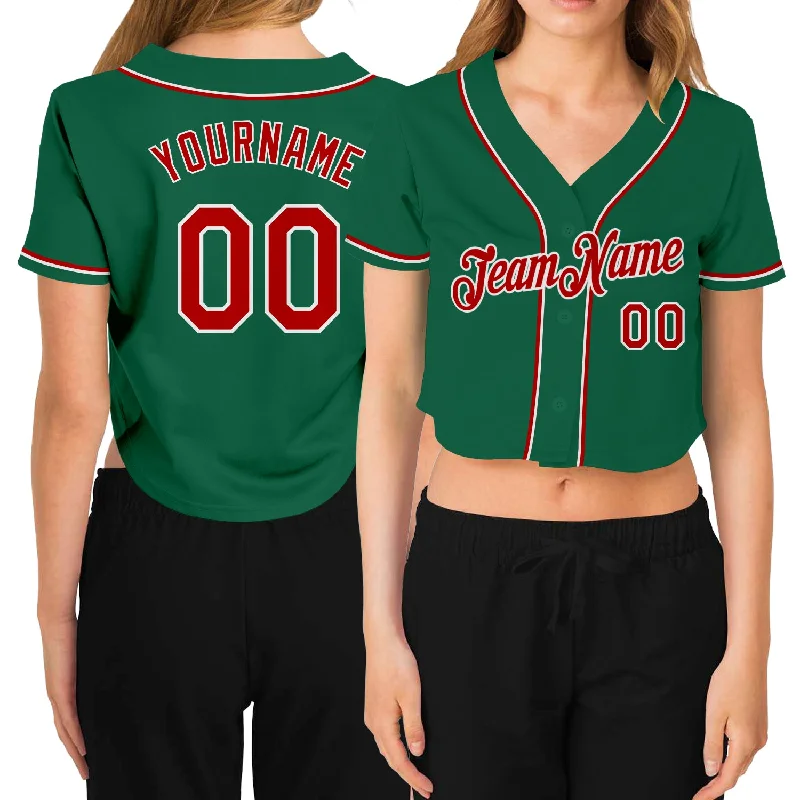 Lightweight Baseball Jersey for Fast-Paced Games-Custom Women's Kelly Green Red-White V-Neck Cropped Baseball Jersey