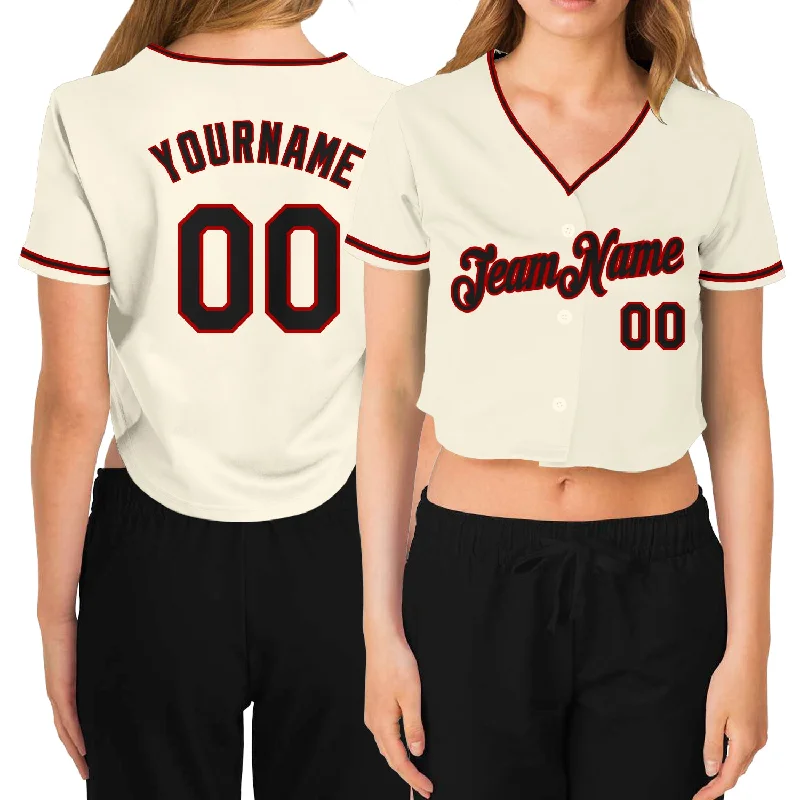 Casual Baseball Jersey for Relaxed Looks-Custom Women's Cream Black-Red V-Neck Cropped Baseball Jersey