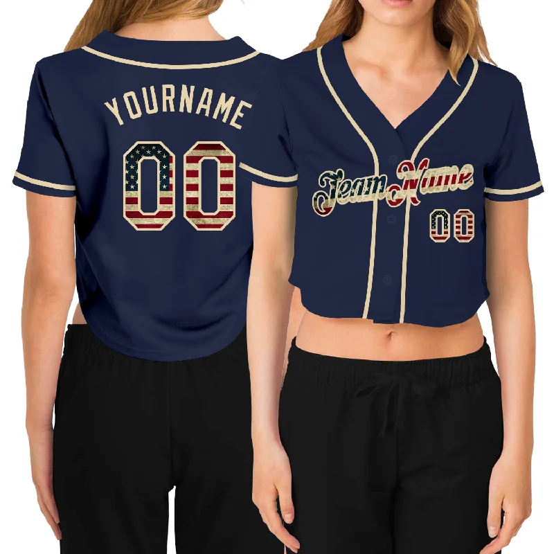 Premium Baseball Jersey for Competitive Play-Custom Women's Navy Vintage USA Flag-Cream V-Neck Cropped Baseball Jersey