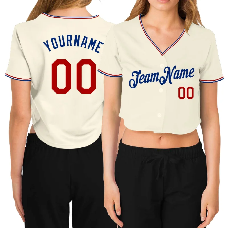 Stylish Throwback Baseball Jersey for Nostalgic Fans-Custom Women's Cream Red-Royal V-Neck Cropped Baseball Jersey