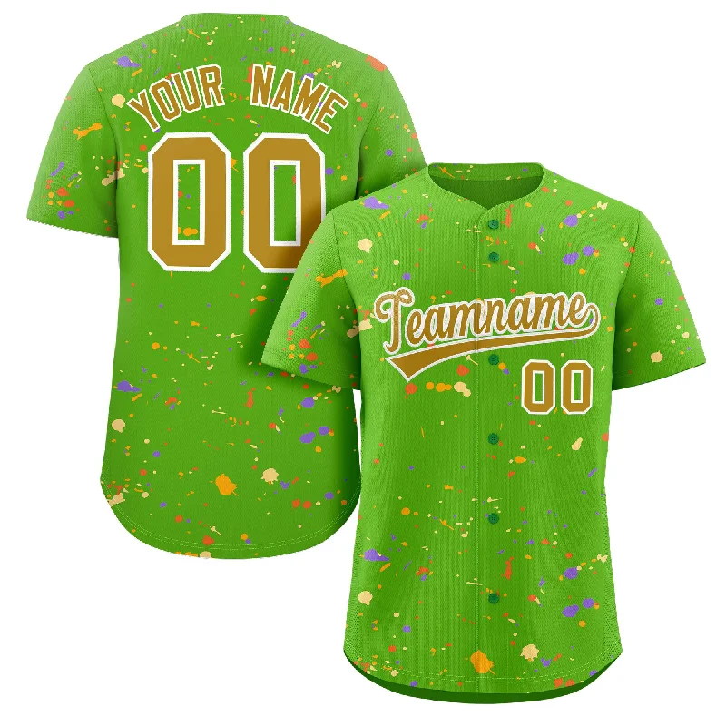 Embroidered Baseball Jersey with Team Colors-Custom Green Old Gold-White Splash Graffiti Pattern Authentic Baseball Jersey