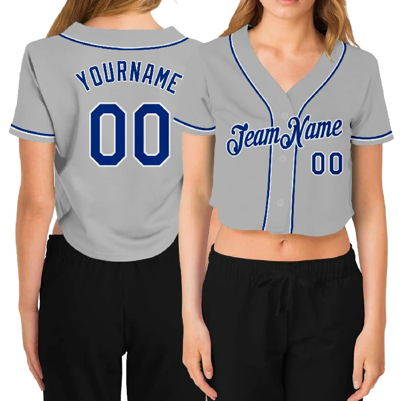 Customizable Baseball Jersey for Your Team-Custom Women's Gray Royal-White V-Neck Cropped Baseball Jersey