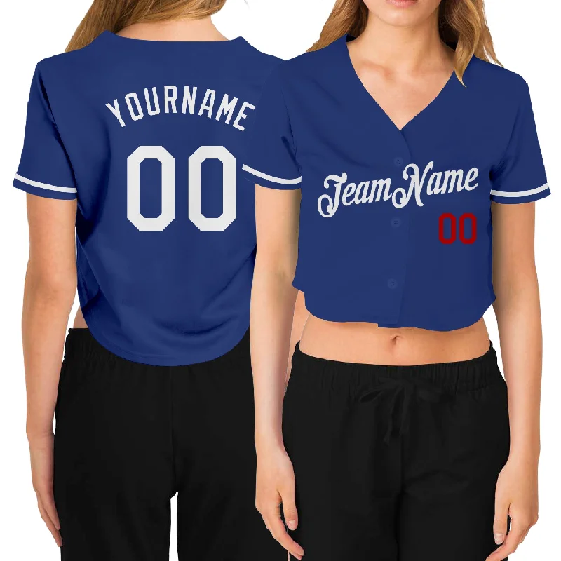 All-Black Baseball Jersey for a Bold Look-Custom Women's Royal White-Red V-Neck Cropped Baseball Jersey