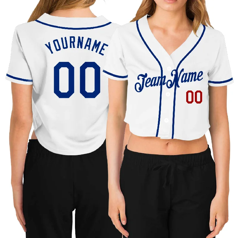 High-Quality Baseball Jersey for Ultimate Comfort-Custom Women's White Royal-Red V-Neck Cropped Baseball Jersey