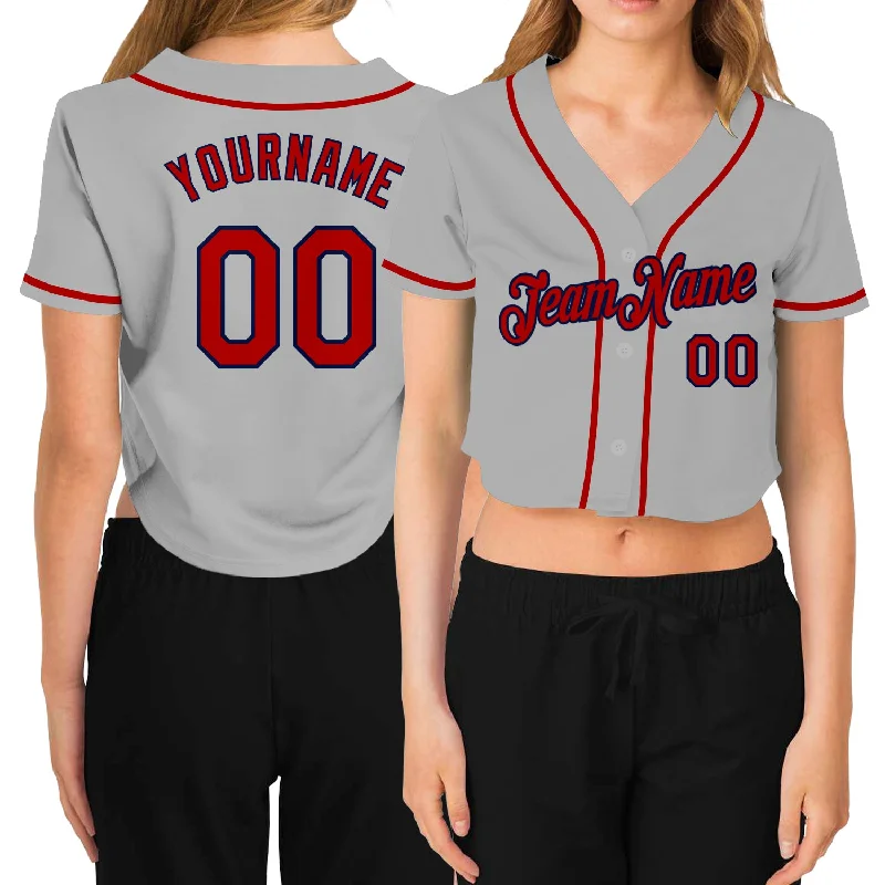 Stylish Baseball Jersey for Fans and Players-Custom Women's Gray Red-Navy V-Neck Cropped Baseball Jersey