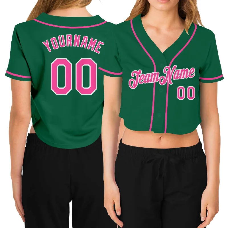 White Baseball Jersey for Classic Appeal-Custom Women's Kelly Green Pink-White V-Neck Cropped Baseball Jersey