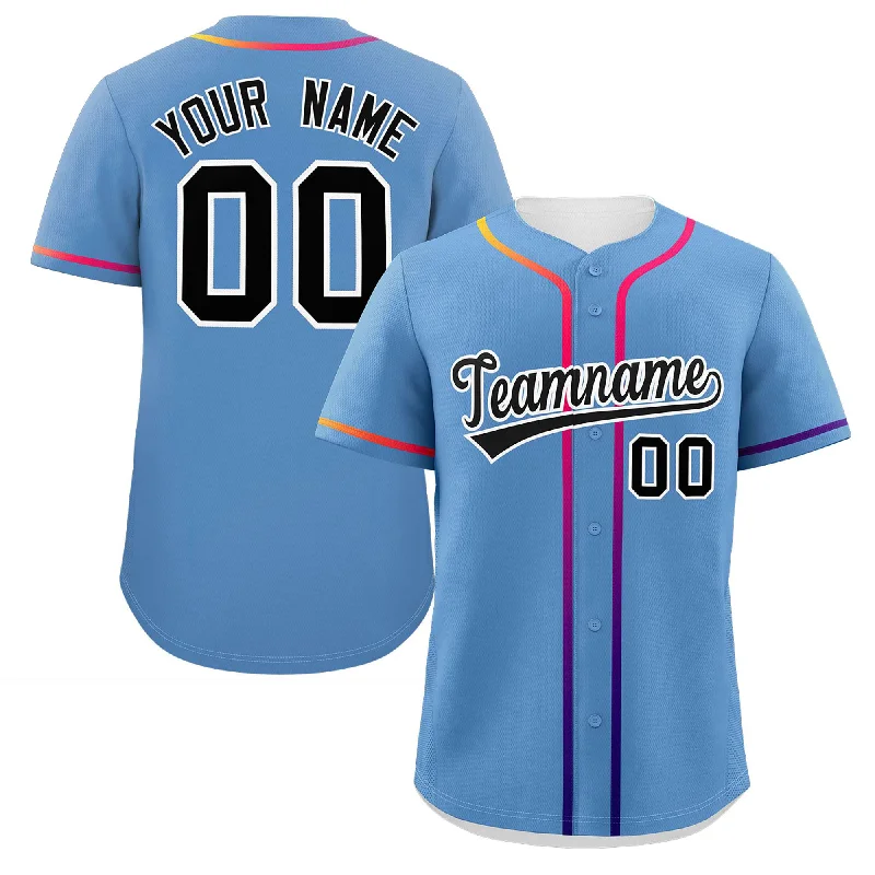 Soft Baseball Jersey for Warm Weather Play-Custom Light Blue Black Personalized Gradient Ribbed Design Authentic Baseball Jersey