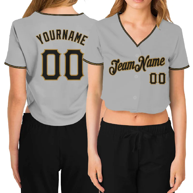 Comfortable Jersey for Softball and Baseball Players-Custom Women's Gray Black-Old Gold V-Neck Cropped Baseball Jersey