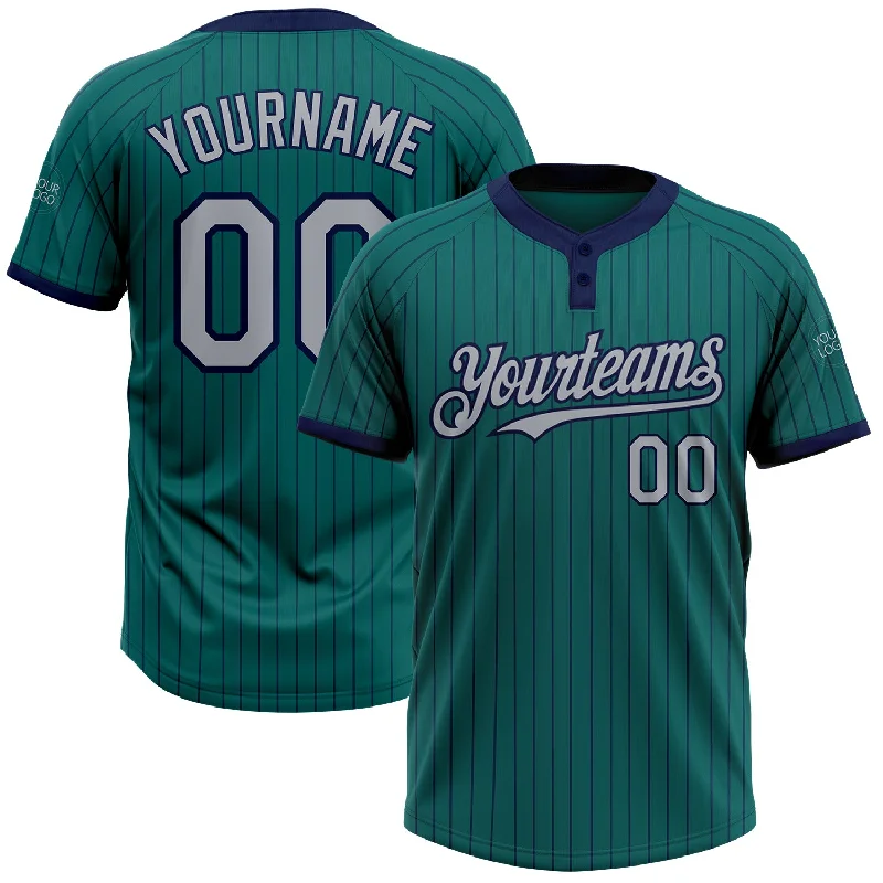 Premium Softball Jersey for Elite Players-Custom Teal Navy Pinstripe Gray Two-Button Unisex Softball Jersey