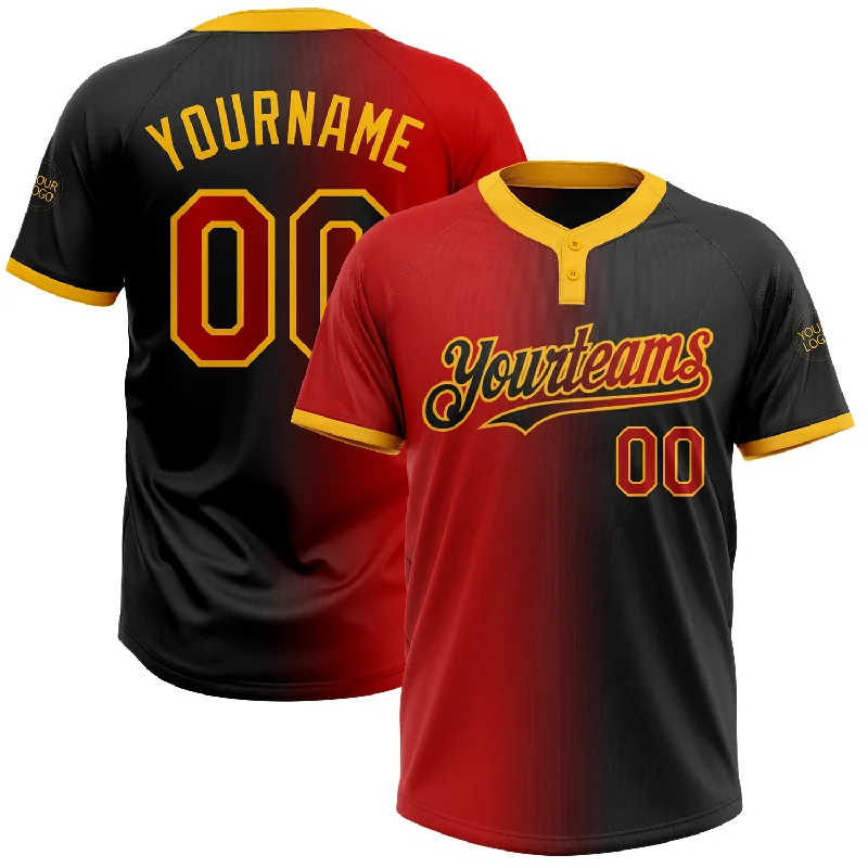 Premium Softball Jersey for International Teams-Custom Black Red-Gold Gradient Fashion Two-Button Unisex Softball Jersey