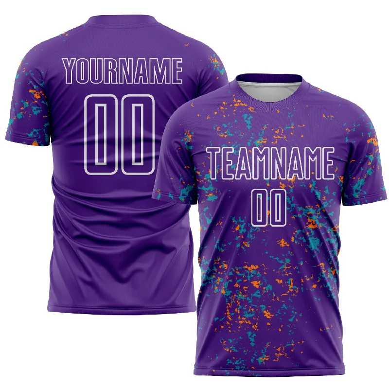 Stylish Football Jersey with Graphics and Text-Custom Purple Bay Orange-Teal Abstract Fragment Art Sublimation Soccer Uniform Jersey