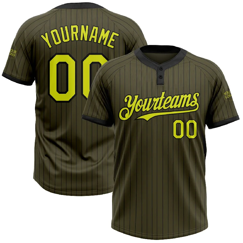 Softball Jersey for Casual Sports Fans-Custom Olive Black Pinstripe Neon Yellow Salute To Service Two-Button Unisex Softball Jersey