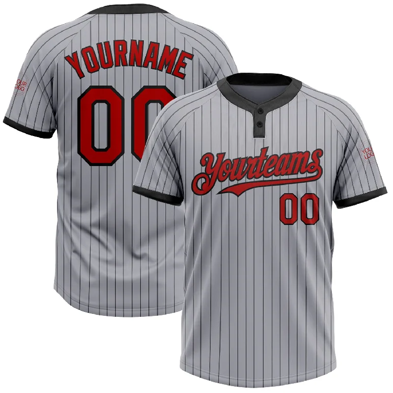 Softball Jersey with Mesh Panels for Ventilation-Custom Gray Black Pinstripe Red Two-Button Unisex Softball Jersey