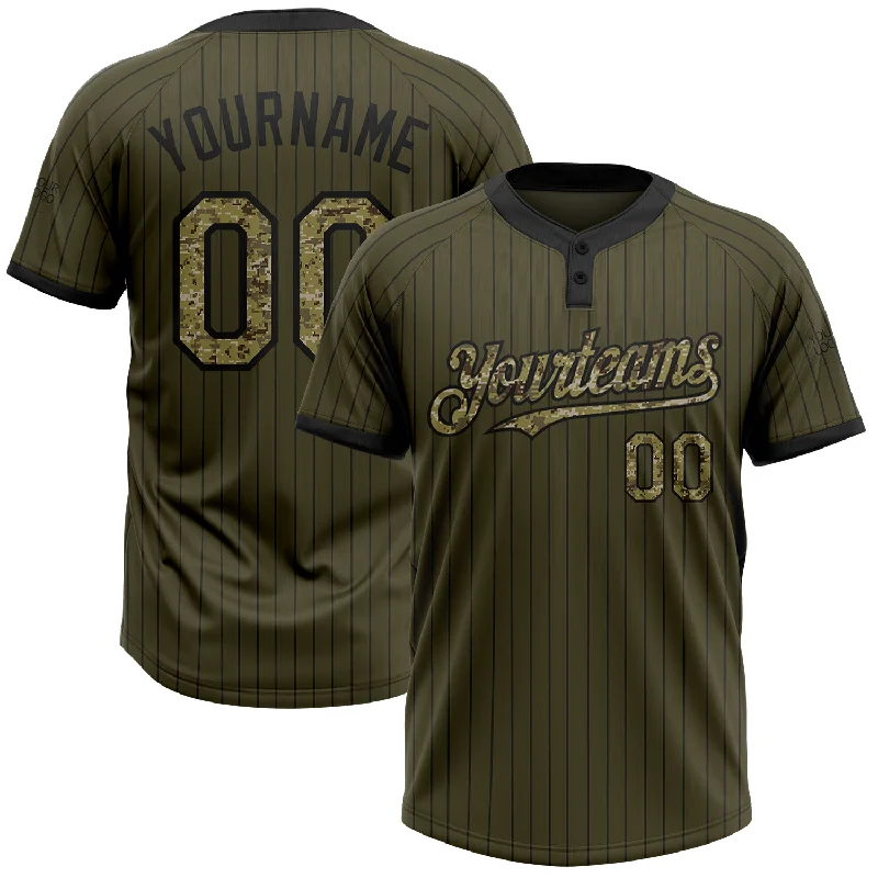 Custom Softball Jersey for Team Players-Custom Olive Black Pinstripe Camo Salute To Service Two-Button Unisex Softball Jersey