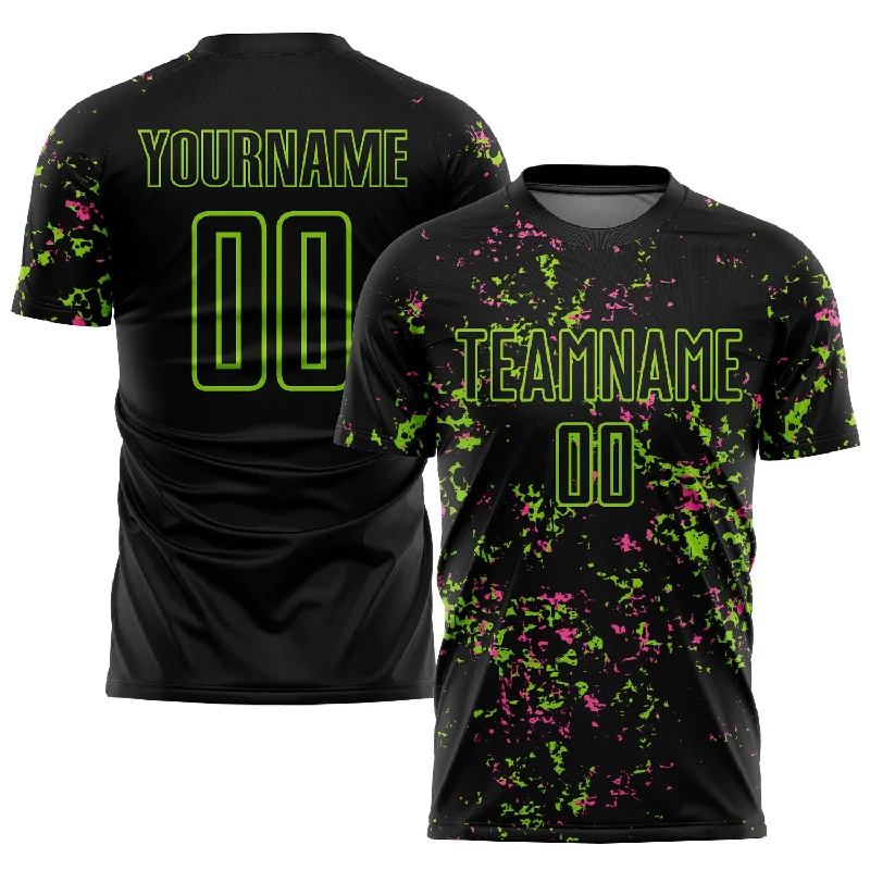 High-Quality Football Jersey for Ultimate Comfort-Custom Black Neon Green-Pink Abstract Fragment Art Sublimation Soccer Uniform Jersey