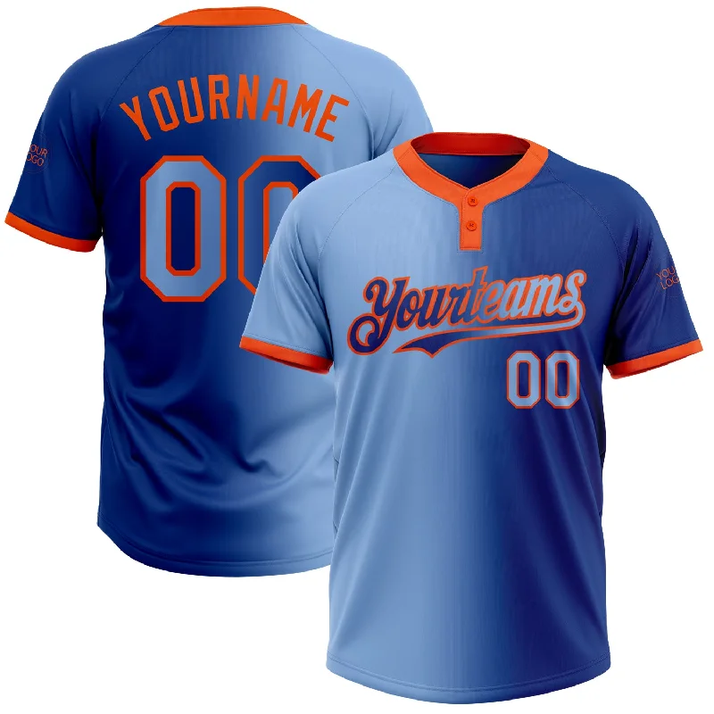 Custom Printed Softball Jersey for Fan Support-Custom Royal Light Blue-Orange Gradient Fashion Two-Button Unisex Softball Jersey