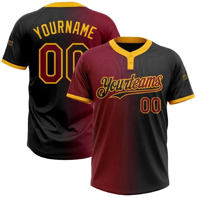 Softball Jersey for Family Sports Events-Custom Black Crimson-Gold Gradient Fashion Two-Button Unisex Softball Jersey