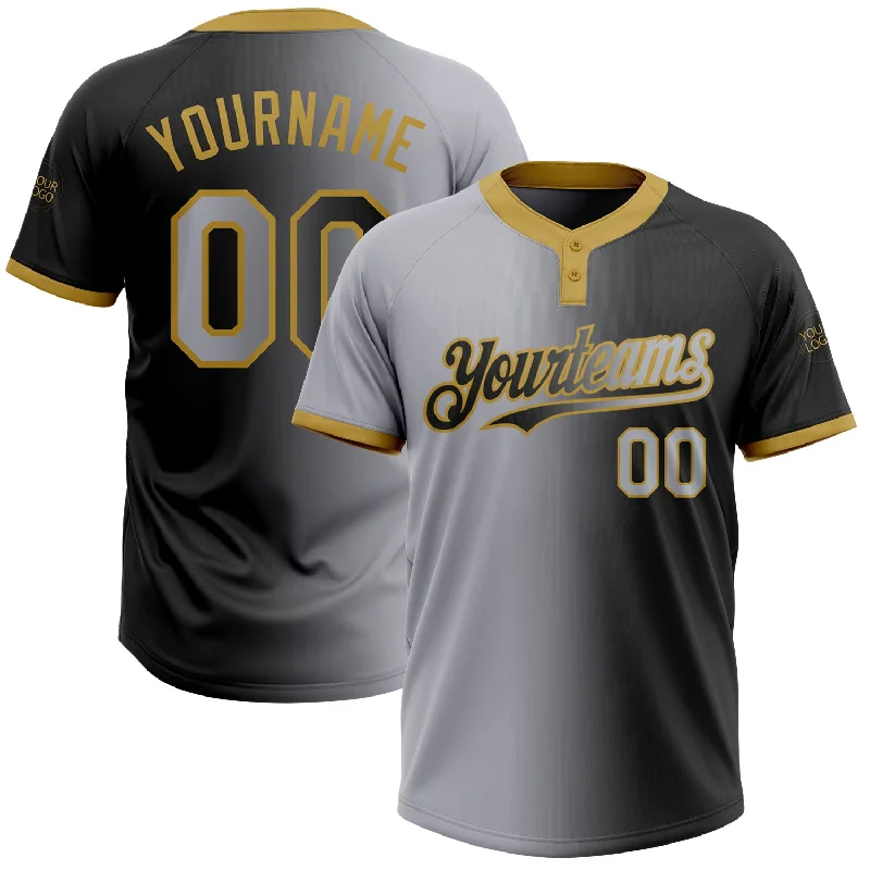 Stylish Softball Jersey with Graphics and Text-Custom Black Gray-Old Gold Gradient Fashion Two-Button Unisex Softball Jersey