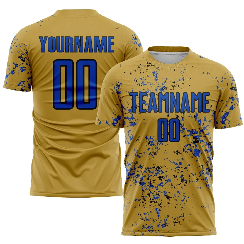 Comfortable Football Jersey for Practice Sessions-Custom Old Gold Thunder Blue-Black Abstract Fragment Art Sublimation Soccer Uniform Jersey