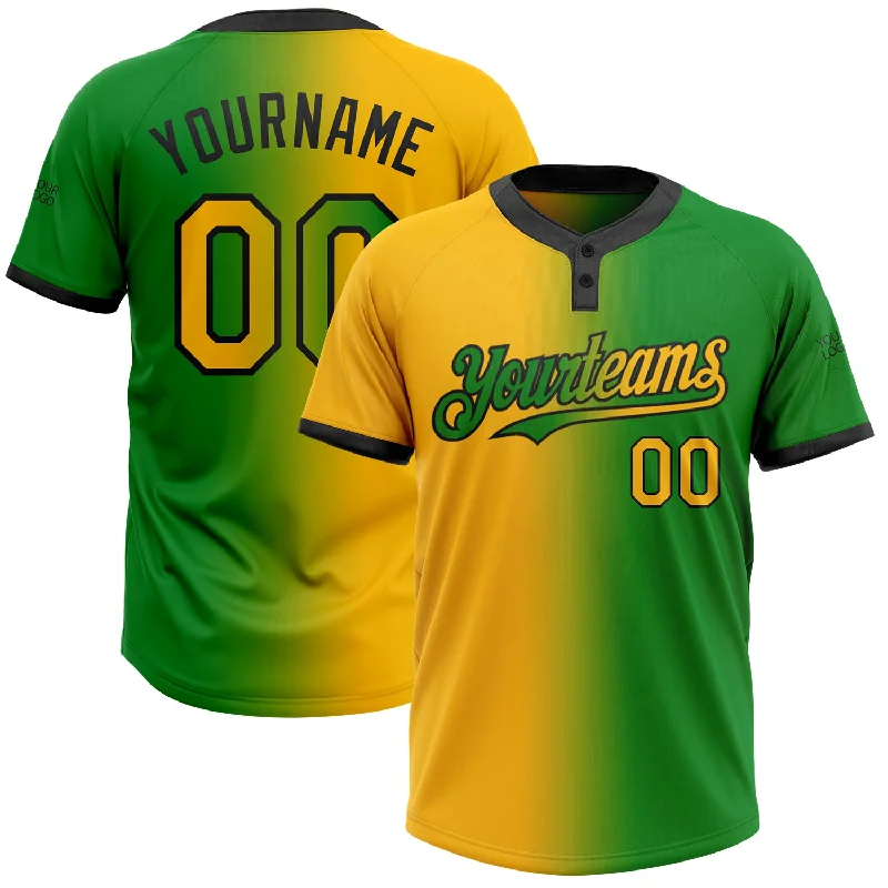 Premium Softball Jersey with Stretch Technology-Custom Grass Green Gold-Black Gradient Fashion Two-Button Unisex Softball Jersey