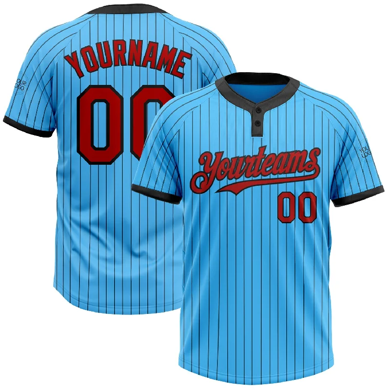 Performance Softball Jersey for High-Level Play-Custom Sky Blue Black Pinstripe Red Two-Button Unisex Softball Jersey