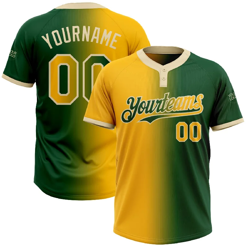 Durable Softball Jersey for Outdoor Play-Custom Green Gold-Cream Gradient Fashion Two-Button Unisex Softball Jersey