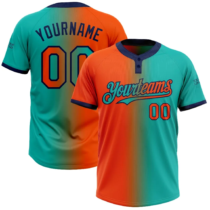 Soft Softball Jersey for Casual Wear-Custom Aqua Orange-Navy Gradient Fashion Two-Button Unisex Softball Jersey