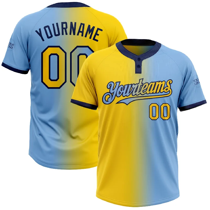 Premium Softball Jersey with Stretch Technology-Custom Light Blue Yellow-Navy Gradient Fashion Two-Button Unisex Softball Jersey