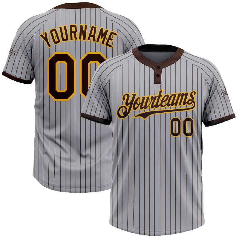 Softball Jersey for Indoor and Outdoor Play-Custom Gray Brown Pinstripe Gold Two-Button Unisex Softball Jersey