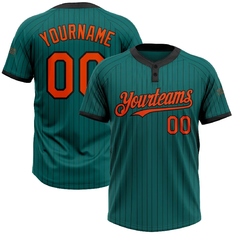 Sports Softball Jersey for Intense Workouts-Custom Teal Black Pinstripe Orange Two-Button Unisex Softball Jersey