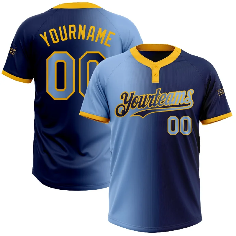 Performance Softball Jersey for High-Level Play-Custom Navy Light Blue-Gold Gradient Fashion Two-Button Unisex Softball Jersey