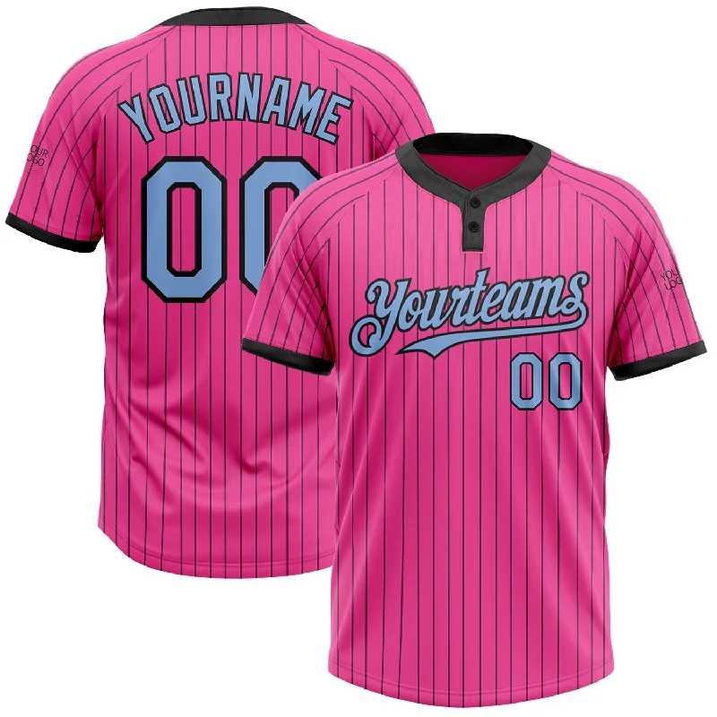 Personalized Softball Jersey for Special Occasions-Custom Pink Black Pinstripe Light Blue Two-Button Unisex Softball Jersey