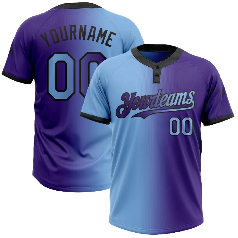 Softball Jersey with Flexible Stretch Fabric for Better Fit-Custom Purple Light Blue-Black Gradient Fashion Two-Button Unisex Softball Jersey