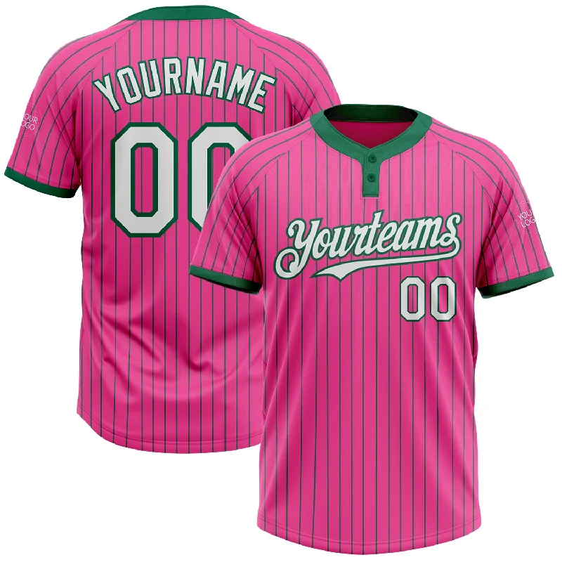 Team Softball Jersey with Custom Fonts and Colors-Custom Pink Kelly Green Pinstripe White Two-Button Unisex Softball Jersey