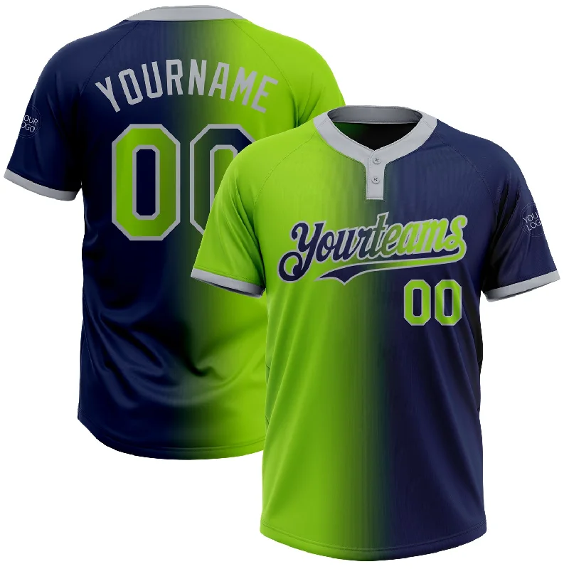 Unique Softball Jersey with Custom Design-Custom Navy Neon Green-Gray Gradient Fashion Two-Button Unisex Softball Jersey