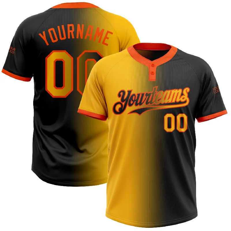 Lightweight Softball Jersey for Fast Movement-Custom Black Gold-Orange Gradient Fashion Two-Button Unisex Softball Jersey