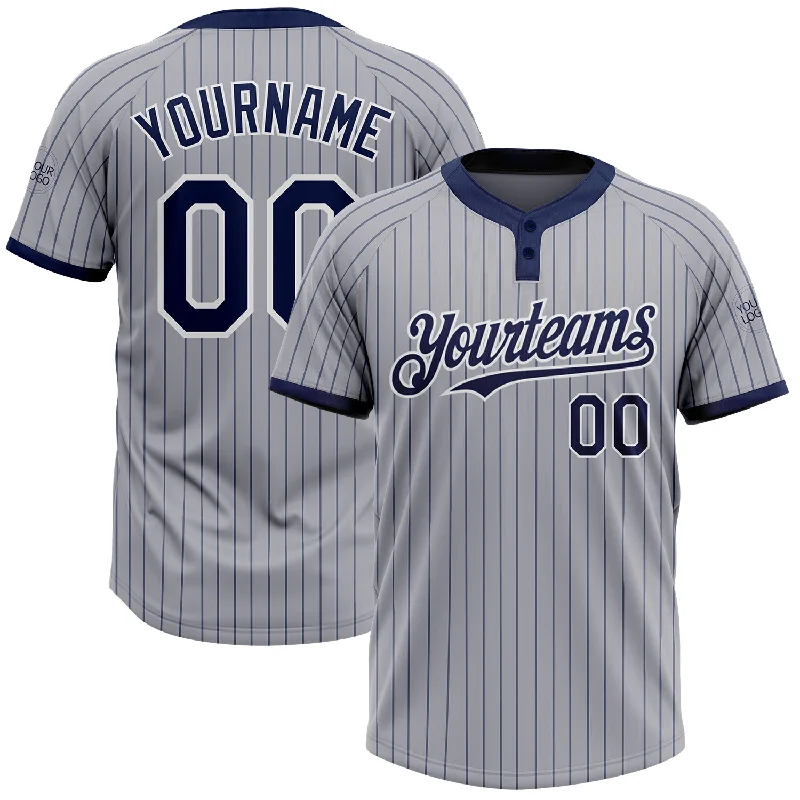 Durable Softball Jersey for Outdoor Play-Custom Gray Navy Pinstripe White Two-Button Unisex Softball Jersey