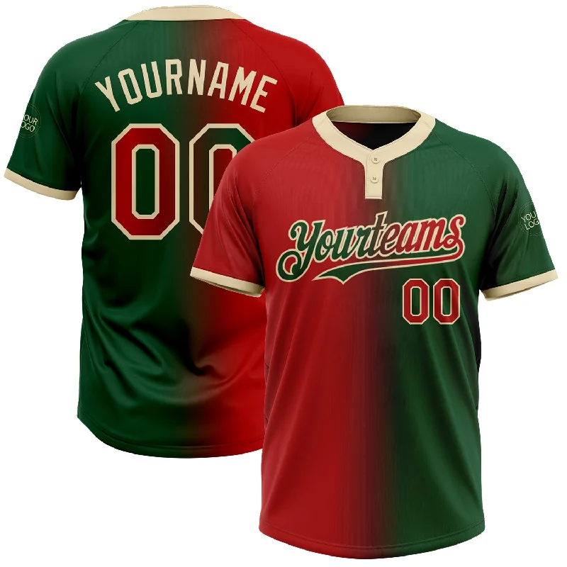 Softball Jersey with Team Number for Customization-Custom Green Red-Cream Gradient Fashion Two-Button Unisex Softball Jersey