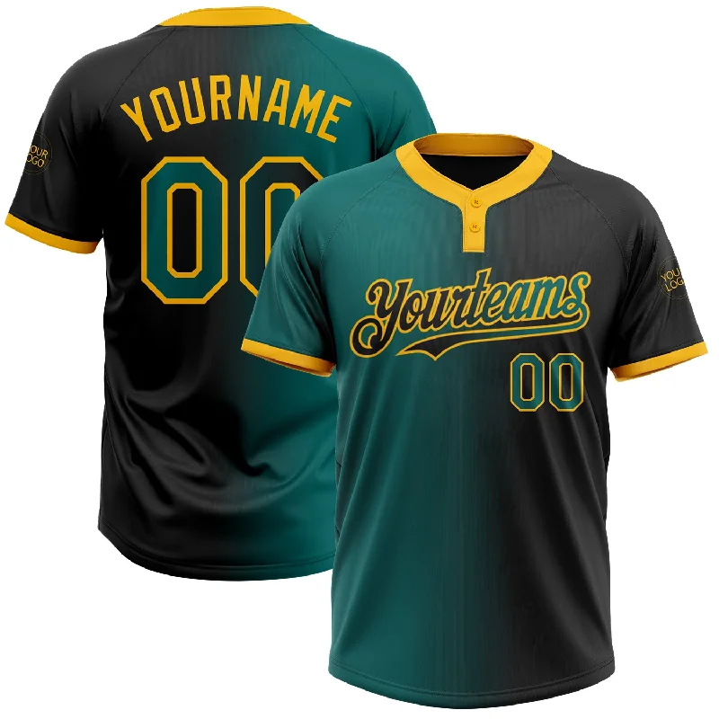 Lightweight Softball Jersey for Hot Summer Days-Custom Black Teal-Gold Gradient Fashion Two-Button Unisex Softball Jersey