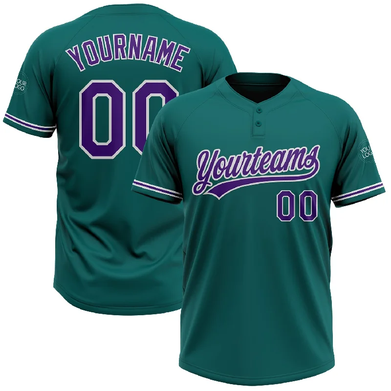 Athletic Softball Jersey for High-Intensity Games-Custom Teal Purple-White Two-Button Unisex Softball Jersey