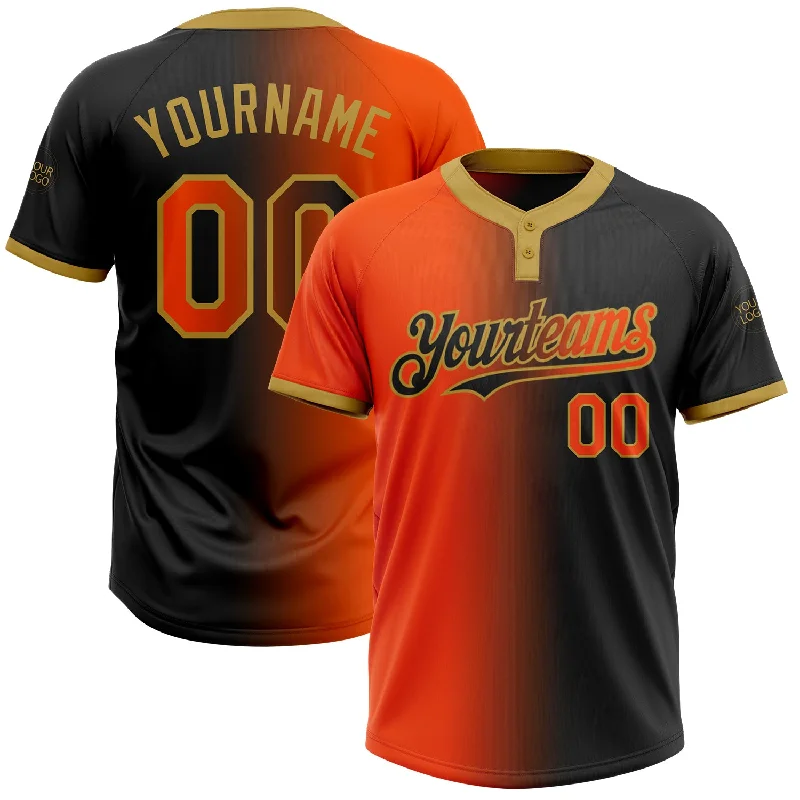 Durable Softball Jersey for Competitive Play-Custom Black Orange-Old Gold Gradient Fashion Two-Button Unisex Softball Jersey