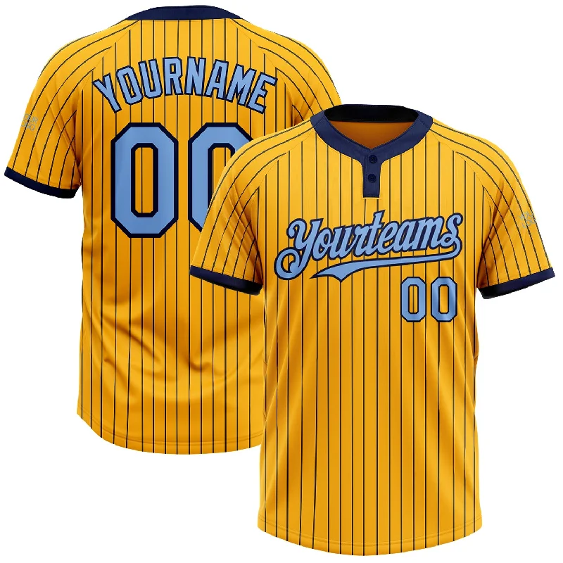 Breathable Softball Jersey for Hot Weather-Custom Gold Navy Pinstripe Light Blue Two-Button Unisex Softball Jersey