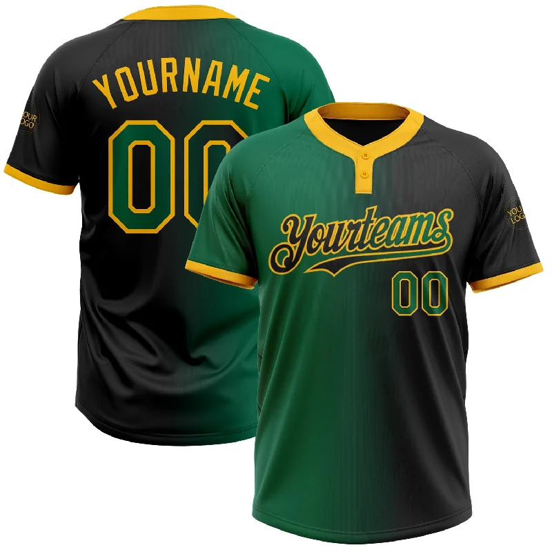 Trendy Softball Jersey for Fashion Enthusiasts-Custom Black Kelly Green-Gold Gradient Fashion Two-Button Unisex Softball Jersey