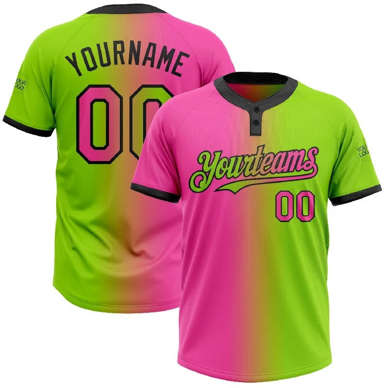 Official Softball Jersey for League Play-Custom Neon Green Pink-Black Gradient Fashion Two-Button Unisex Softball Jersey