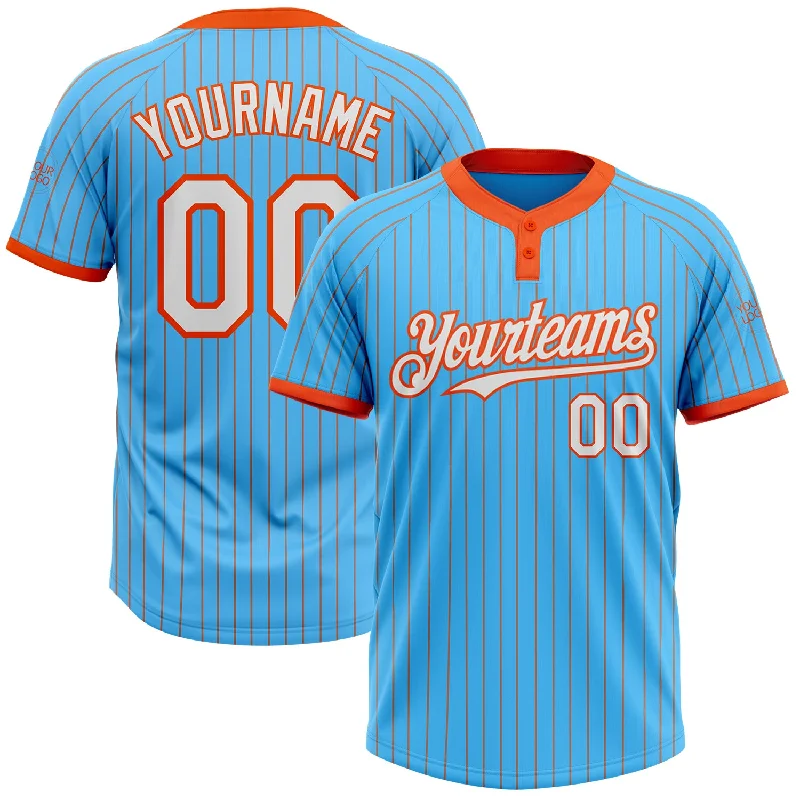 Stylish Softball Jersey for Game Day Outfits-Custom Sky Blue Orange Pinstripe White Two-Button Unisex Softball Jersey