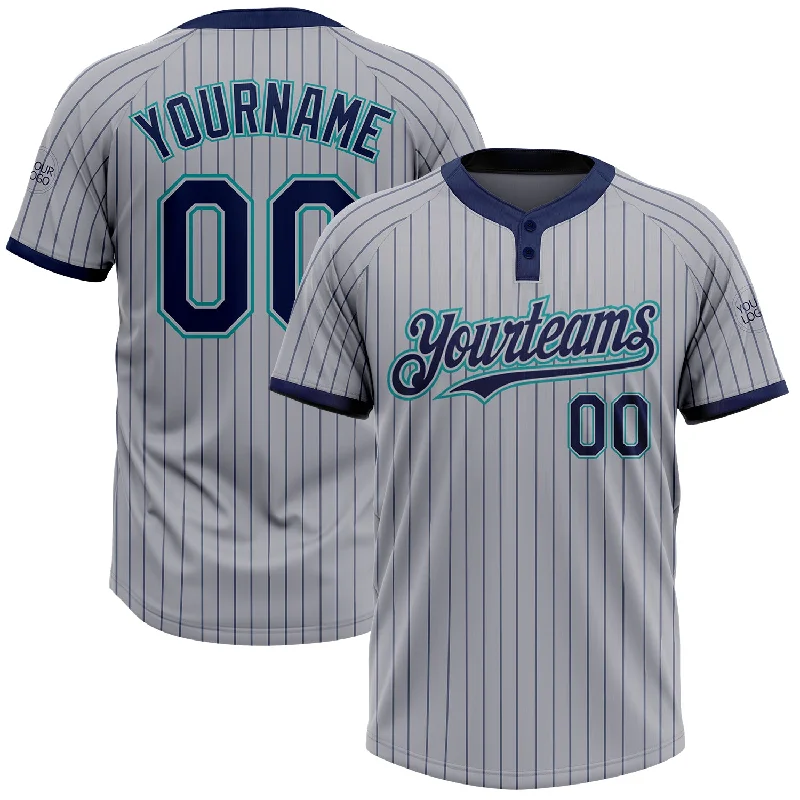 Softball Jersey with Team Number for Customization-Custom Gray Navy Pinstripe Teal Two-Button Unisex Softball Jersey