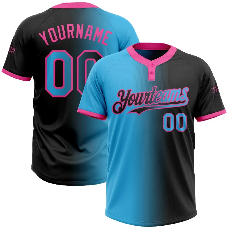 Softball Jersey with Bold Colors for Team Spirit-Custom Black Sky Blue-Pink Gradient Fashion Two-Button Unisex Softball Jersey