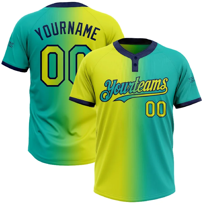 Softball Jersey for High School and College Players-Custom Aqua Neon Yellow-Navy Gradient Fashion Two-Button Unisex Softball Jersey